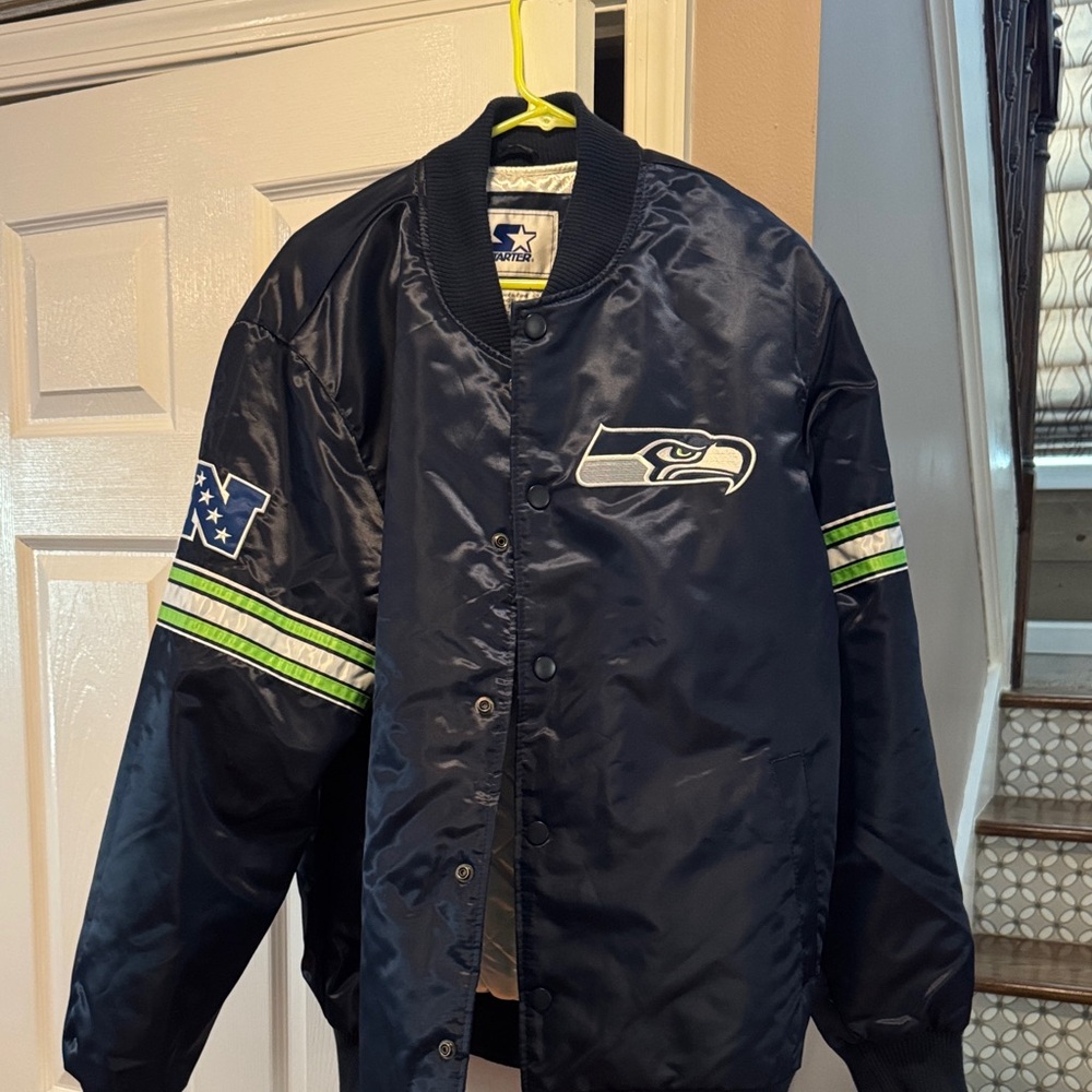 STARTER Navy Seahawks Jacket with Green Stripe Accents